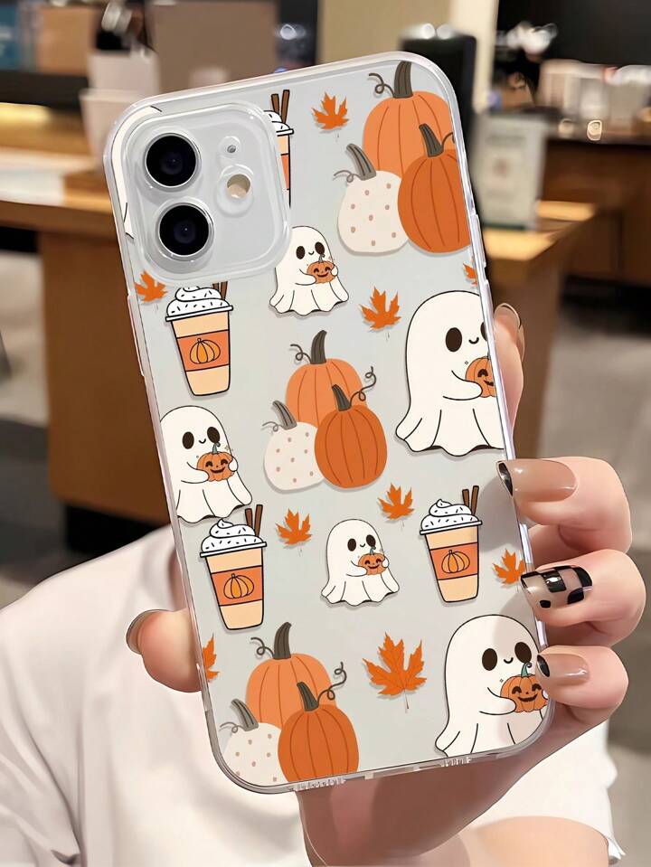 1pc Fashionable Autumn Ghost Pumpkin Drink Graphic Shock-Absorbing TPU Phone Case Compatible With IPhone 16/16Pro/16Plus/15/15ProMax/15Pro/11/12/13/14ProMax/12Mini/13Mini/11Pro/11ProMax/12Pro/12ProMax/13Pro/13ProMax/14Pro/14ProMax, Soft Shell