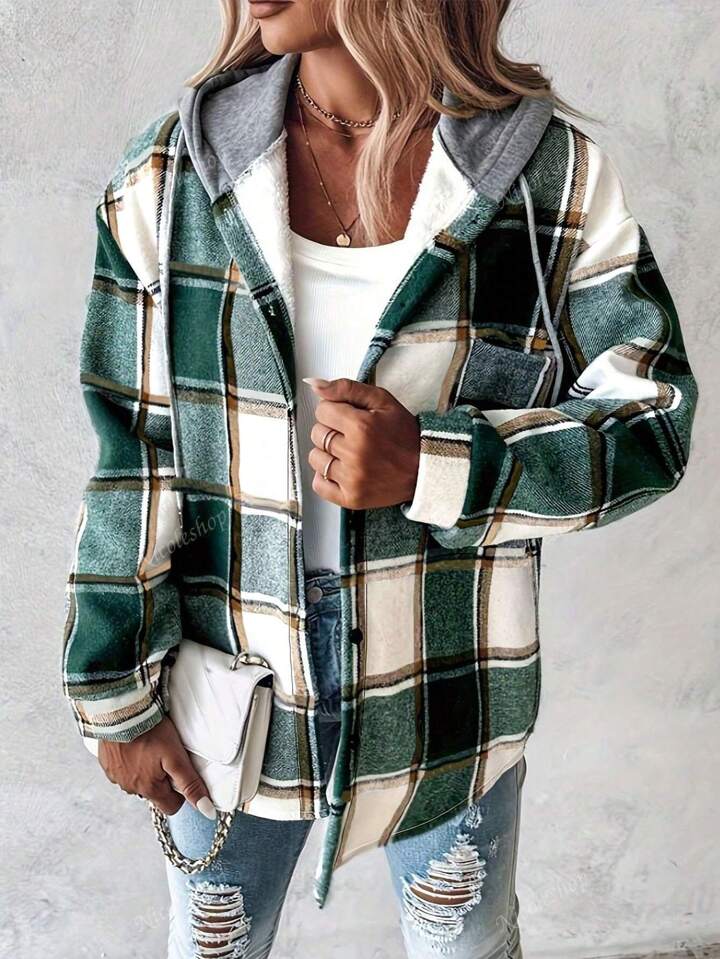 Women Retro Casual Plaid Hooded Coat