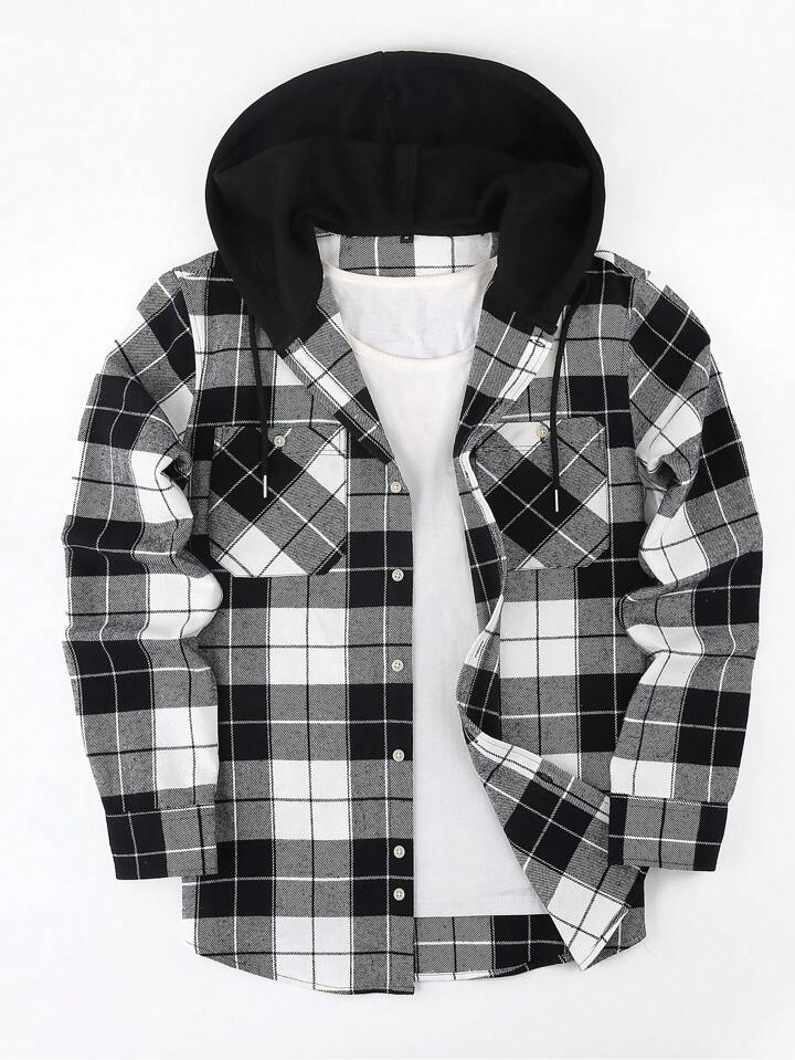 1pc Men's Hooded Plaid Button Turndown Collar Regular Fit Long Sleeve Shirt, Chest Double Pockets Casual Outdoor Shacket