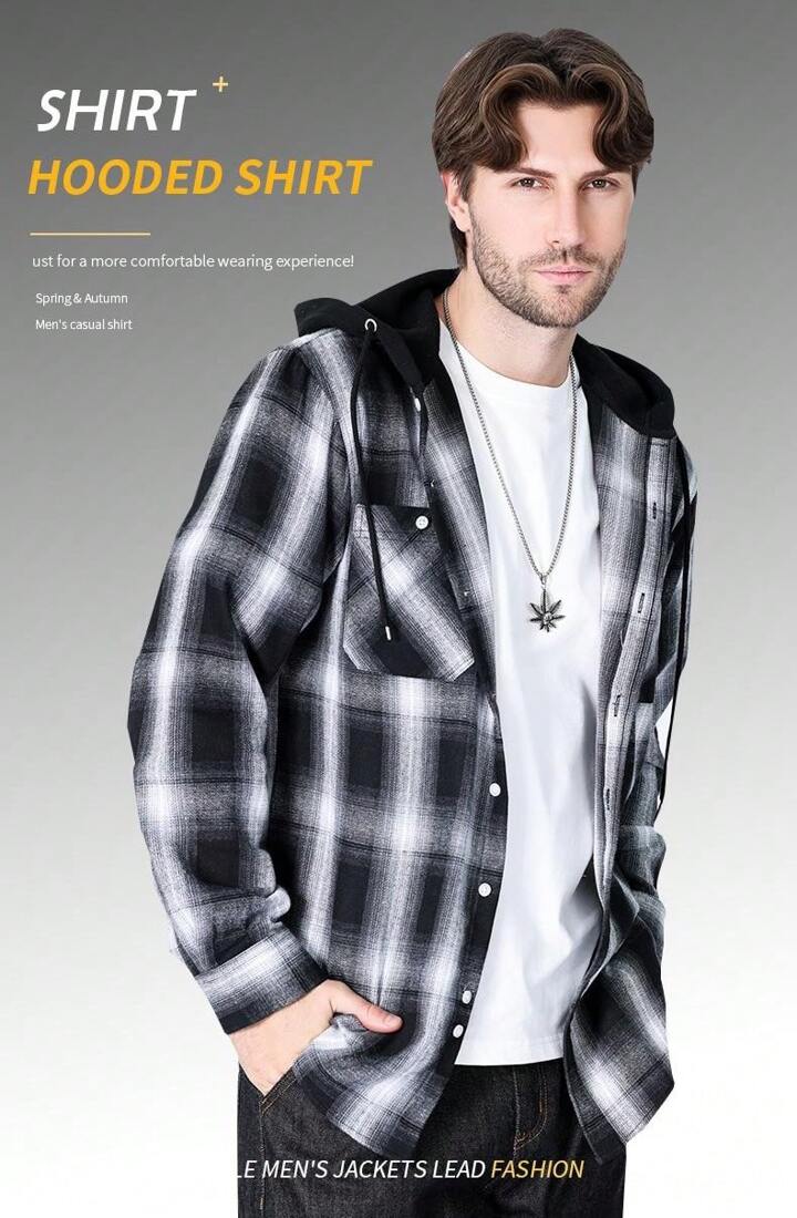 1pc Men's Hooded Plaid Button Turndown Collar Regular Fit Long Sleeve Shirt, Chest Double Pockets Casual Outdoor Shacket