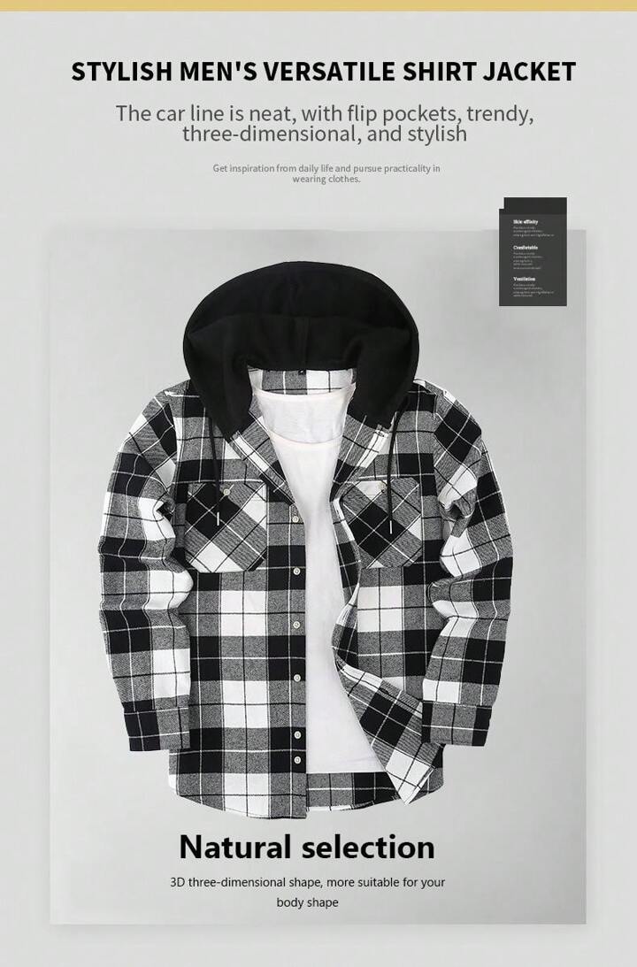 1pc Men's Hooded Plaid Button Turndown Collar Regular Fit Long Sleeve Shirt, Chest Double Pockets Casual Outdoor Shacket