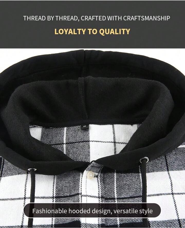 1pc Men's Hooded Plaid Button Turndown Collar Regular Fit Long Sleeve Shirt, Chest Double Pockets Casual Outdoor Shacket