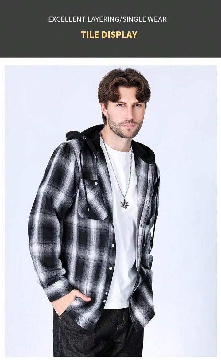 1pc Men's Hooded Plaid Button Turndown Collar Regular Fit Long Sleeve Shirt, Chest Double Pockets Casual Outdoor Shacket