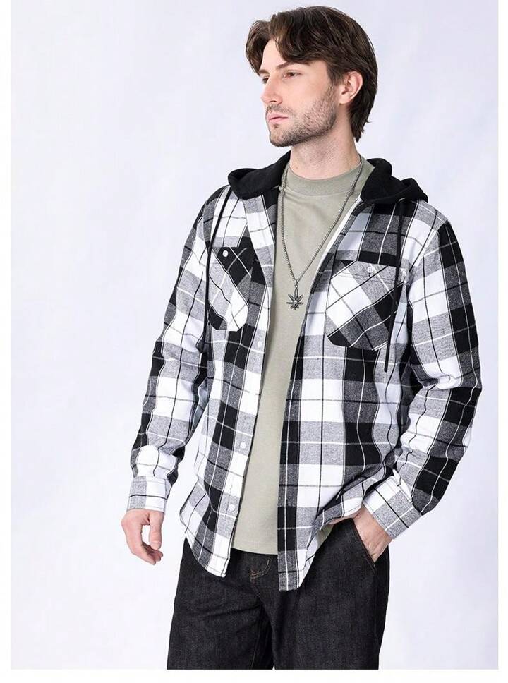 1pc Men's Hooded Plaid Button Turndown Collar Regular Fit Long Sleeve Shirt, Chest Double Pockets Casual Outdoor Shacket