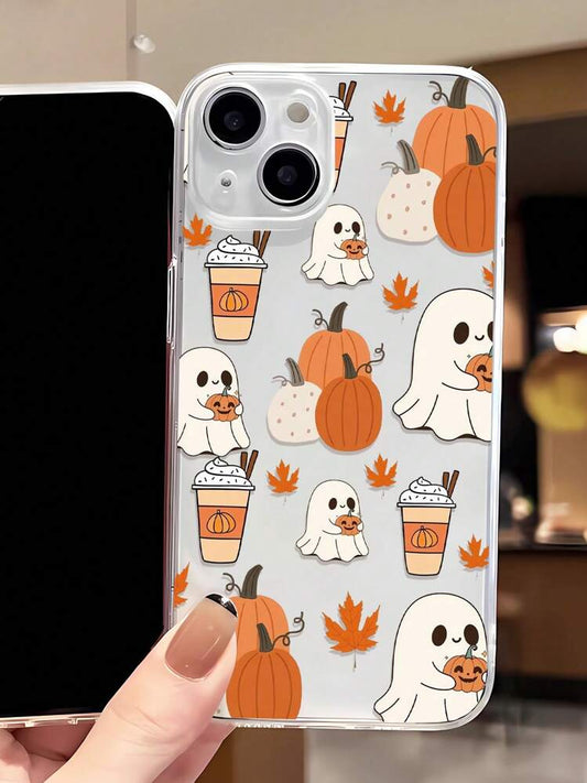 1pc Fashionable Autumn Ghost Pumpkin Drink Graphic Shock-Absorbing TPU Phone Case Compatible With IPhone 16/16Pro/16Plus/15/15ProMax/15Pro/11/12/13/14ProMax/12Mini/13Mini/11Pro/11ProMax/12Pro/12ProMax/13Pro/13ProMax/14Pro/14ProMax, Soft Shell