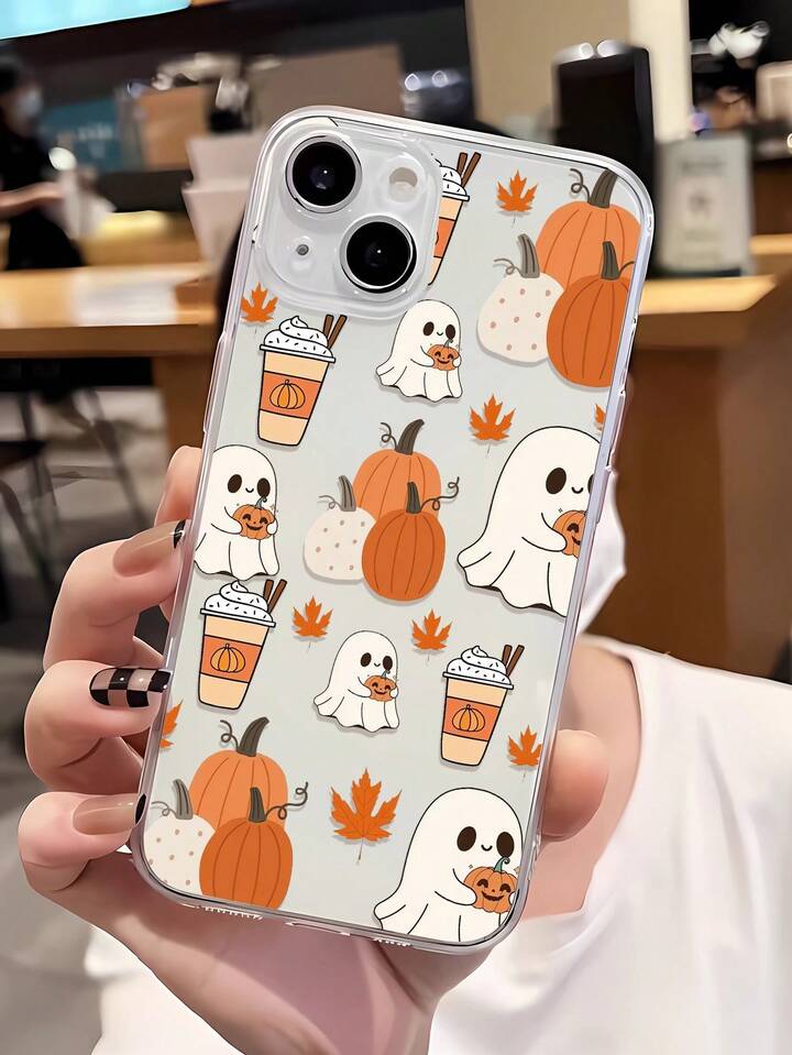 1pc Fashionable Autumn Ghost Pumpkin Drink Graphic Shock-Absorbing TPU Phone Case Compatible With IPhone 16/16Pro/16Plus/15/15ProMax/15Pro/11/12/13/14ProMax/12Mini/13Mini/11Pro/11ProMax/12Pro/12ProMax/13Pro/13ProMax/14Pro/14ProMax, Soft Shell