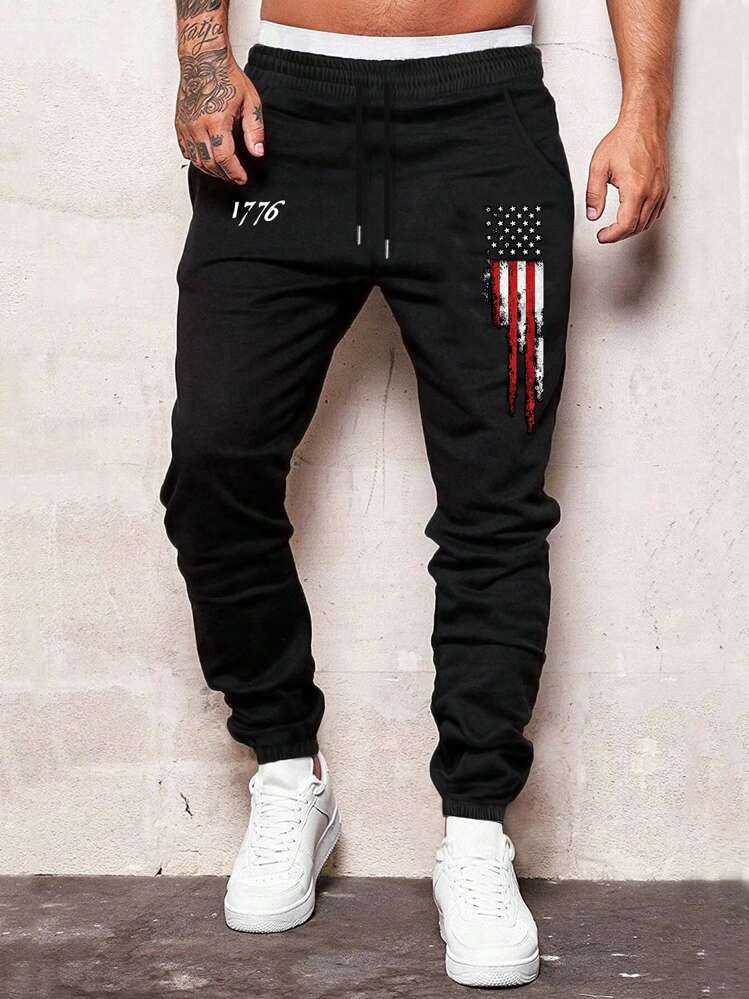 Manfinity Homme Loose Fit Men's American Flag Printed Sweatpants With Drawstring Waist, Graphic Going Out Casual Drawstring Sweatpants, For Husband, Boyfriend Gifts, For Rave, 4th Of July, Back To School