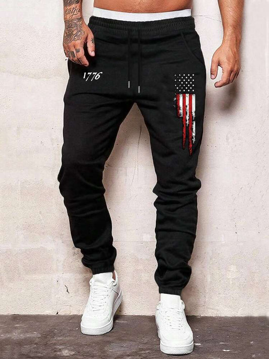 Manfinity Homme Loose Fit Men's American Flag Printed Sweatpants With Drawstring Waist, Graphic Going Out Casual Drawstring Sweatpants, For Husband, Boyfriend Gifts, For Rave, 4th Of July, Back To School