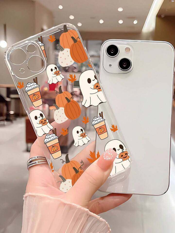 1pc Fashionable Autumn Ghost Pumpkin Drink Graphic Shock-Absorbing TPU Phone Case Compatible With IPhone 16/16Pro/16Plus/15/15ProMax/15Pro/11/12/13/14ProMax/12Mini/13Mini/11Pro/11ProMax/12Pro/12ProMax/13Pro/13ProMax/14Pro/14ProMax, Soft Shell