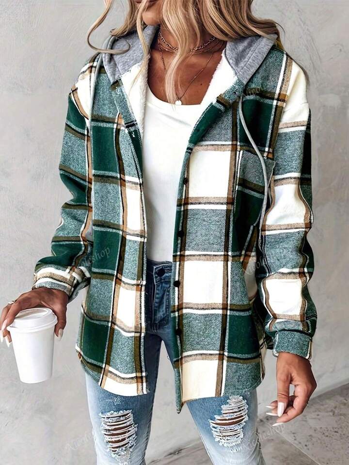 Women Retro Casual Plaid Hooded Coat