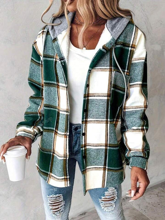 Women Retro Casual Plaid Hooded Coat