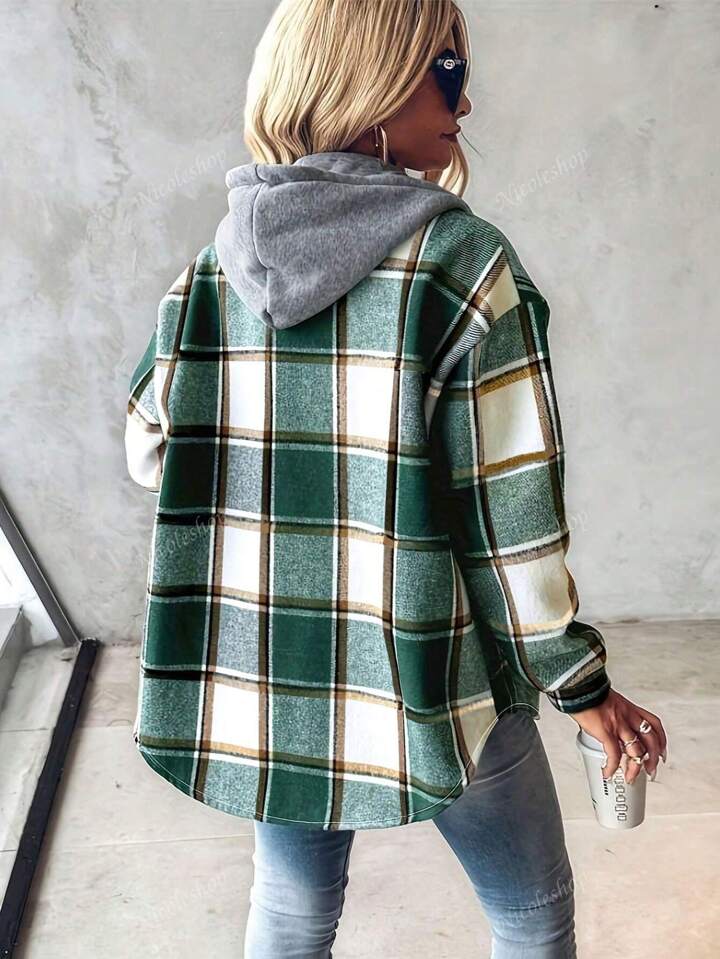 Women Retro Casual Plaid Hooded Coat
