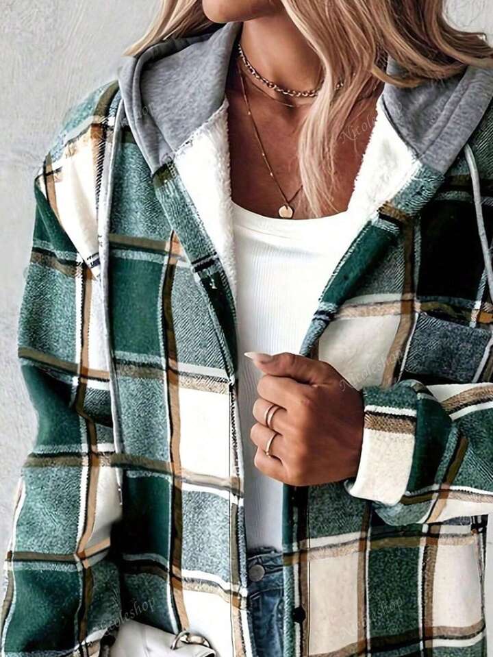 Women Retro Casual Plaid Hooded Coat