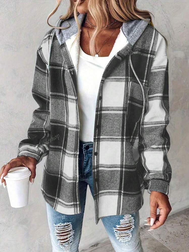 Women Retro Casual Plaid Hooded Coat