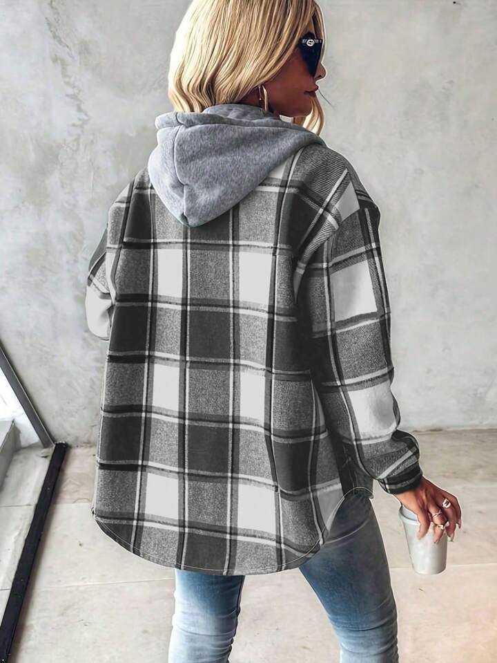 Women Retro Casual Plaid Hooded Coat