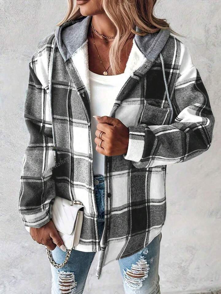 Women Retro Casual Plaid Hooded Coat