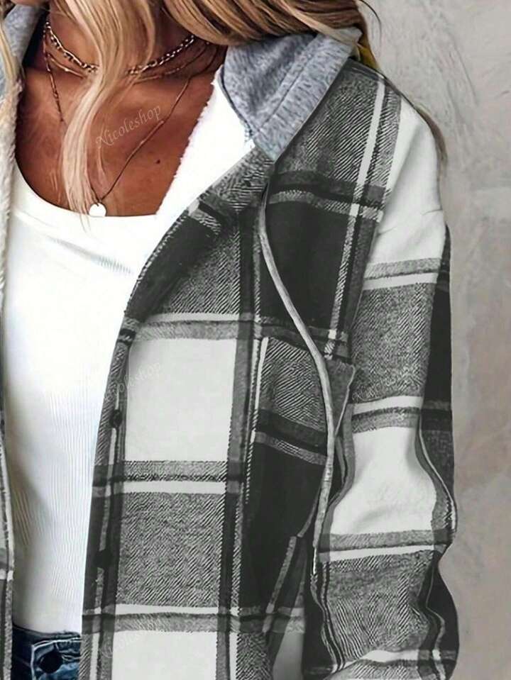 Women Retro Casual Plaid Hooded Coat