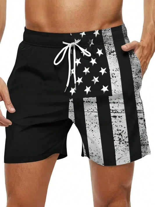 Men's Quick Dry National Flag Lining Elastic Waistband Drawstring Waist Casual Summer Fashion Sport Beach Shorts, Suitable For Vacation, Beach, Pool, Outdoor Activities, Dail