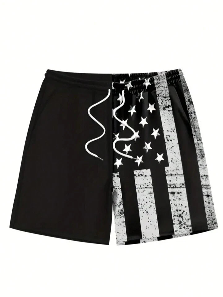 Men's Quick Dry National Flag Lining Elastic Waistband Drawstring Waist Casual Summer Fashion Sport Beach Shorts, Suitable For Vacation, Beach, Pool, Outdoor Activities, Dail