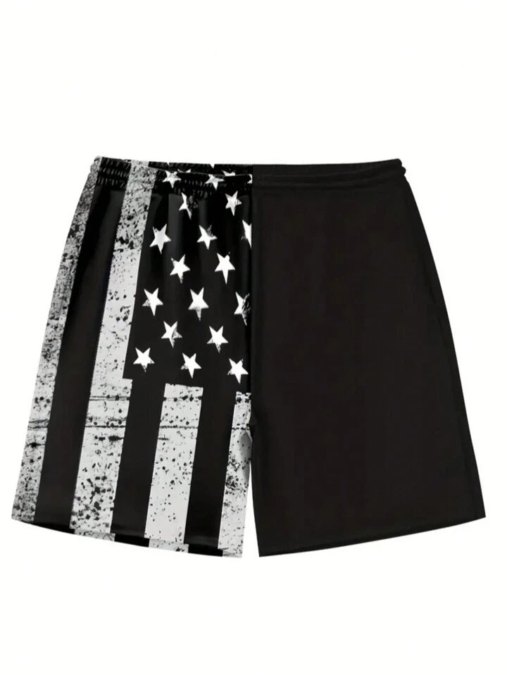 Men's Quick Dry National Flag Lining Elastic Waistband Drawstring Waist Casual Summer Fashion Sport Beach Shorts, Suitable For Vacation, Beach, Pool, Outdoor Activities, Dail