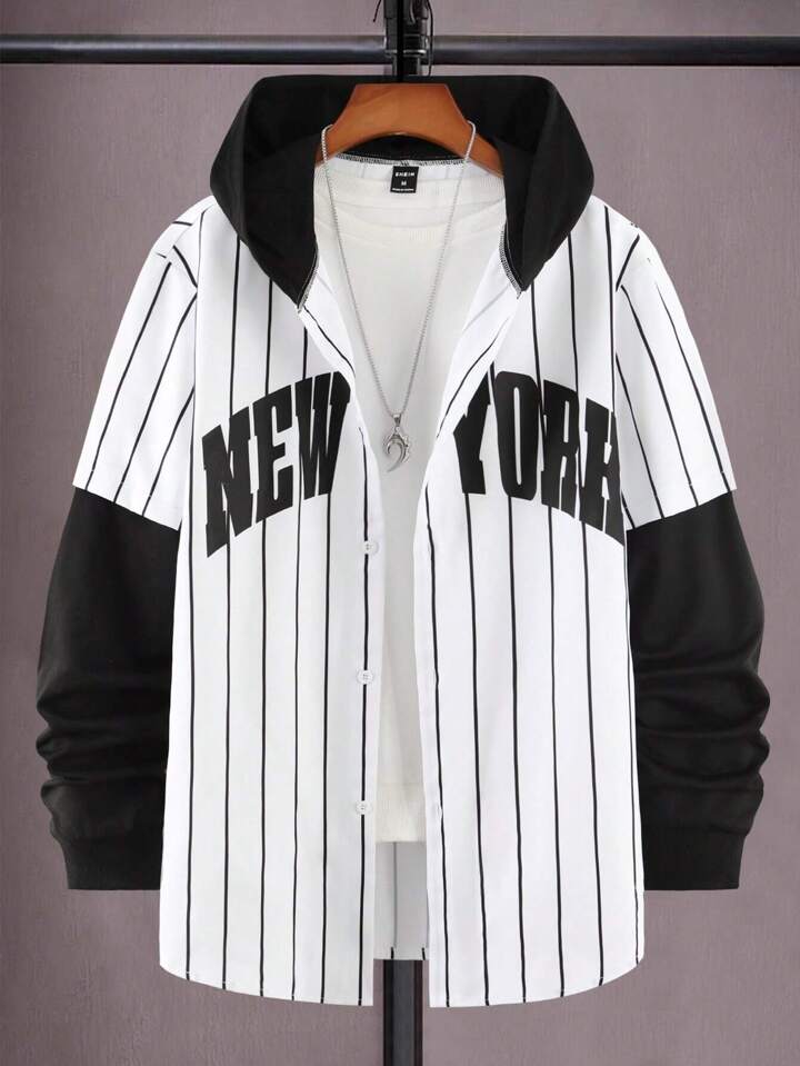 Manfinity Homme Men Striped Print Letter Graphic Hooded Shirt Without Tee, Baggy Long Sleeve Button Up Baseball New York Color Block Varsity Shirt For Boyfriend Gift, Fall