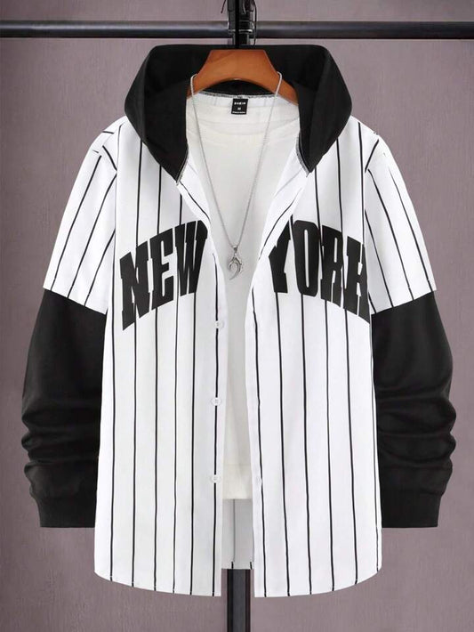 Manfinity Homme Men Striped Print Letter Graphic Hooded Shirt Without Tee, Baggy Long Sleeve Button Up Baseball New York Color Block Varsity Shirt For Boyfriend Gift, Fall