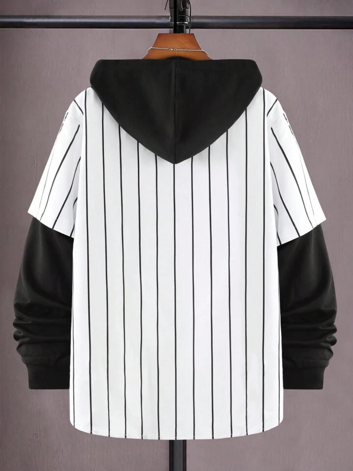 Manfinity Homme Men Striped Print Letter Graphic Hooded Shirt Without Tee, Baggy Long Sleeve Button Up Baseball New York Color Block Varsity Shirt For Boyfriend Gift, Fall