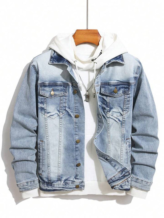 Manfinity Homme Men's Casual Plain Denim Single-Breasted Jacket Long Sleeve, Autumn, For Going Out, Boyfriend Gift College Hang Out Sport Street