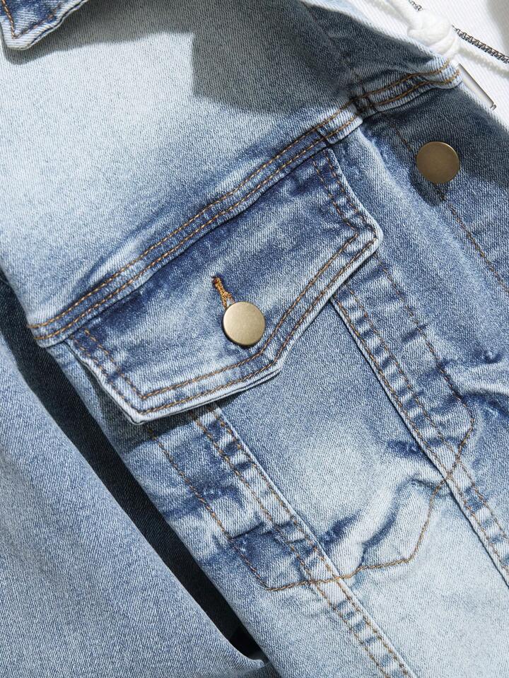 Manfinity Homme Men's Casual Plain Denim Single-Breasted Jacket Long Sleeve, Autumn, For Going Out, Boyfriend Gift College Hang Out Sport Street