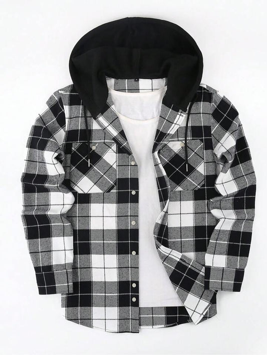 1pc Men's Hooded Plaid Button Turndown Collar Regular Fit Long Sleeve Shirt, Chest Double Pockets Casual Outdoor Shacket