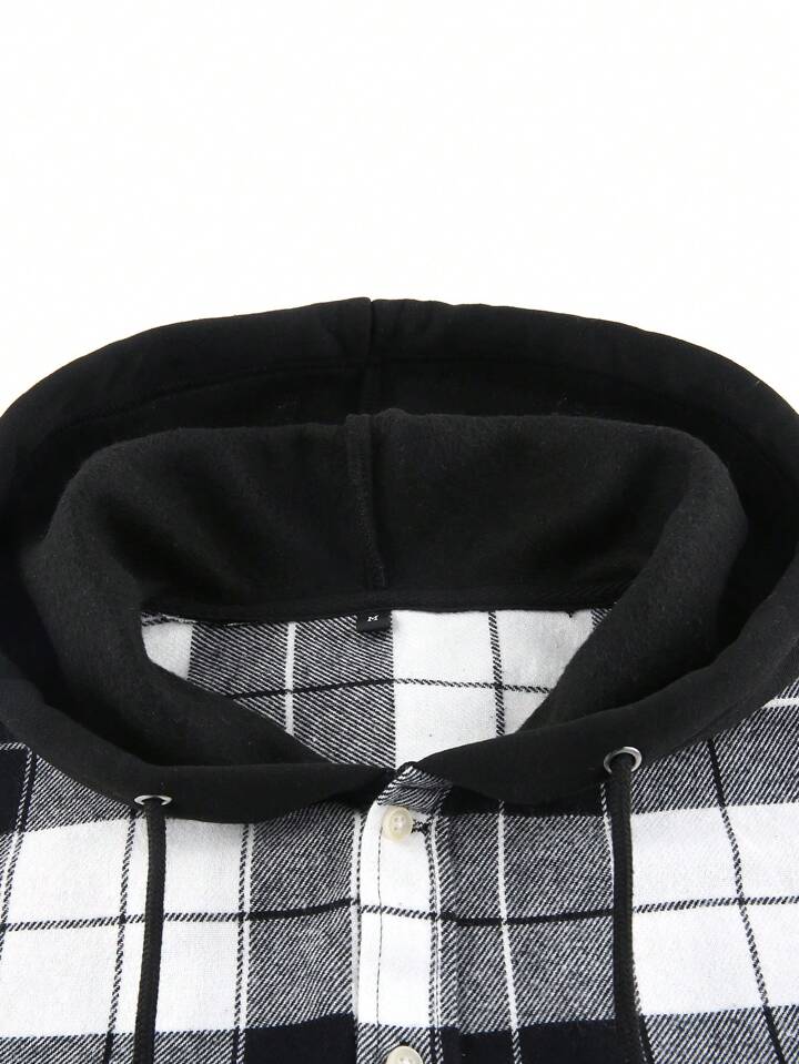 1pc Men's Hooded Plaid Button Turndown Collar Regular Fit Long Sleeve Shirt, Chest Double Pockets Casual Outdoor Shacket