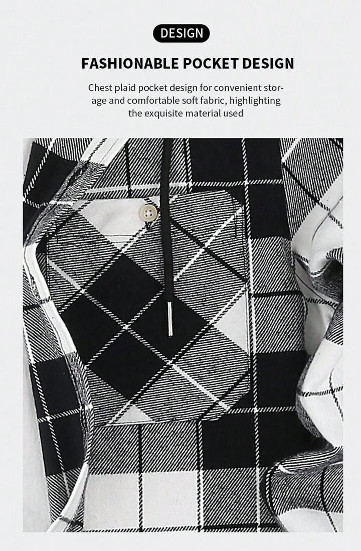 1pc Men's Hooded Plaid Button Turndown Collar Regular Fit Long Sleeve Shirt, Chest Double Pockets Casual Outdoor Shacket